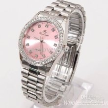 1 Piece Roman Women Crystal Embed Quartz Stainless Steel Pink Dial W
