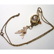 10K RGP Gold Steampunk Vintage Watch Case Pendant, Gold leaf with amber Crystal