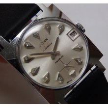 1950' John Hilton Men's 17Jwl Swiss Made Silver Diamond Dial Calendar Watch