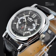 1pcs Automatic Roman Numerals Dial Watch Leather Band Black Wrist Wa