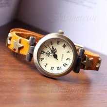 1x Roman Five-pointed Star Rivets Bracelet Buckle Leather Quartz Wrist Watch Msm