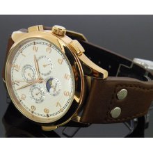 44mm Parnis White Dial Automatic Golden Plate Case Mens Moon Phase Watch Pn300i