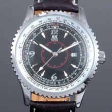 Ak-homme Black Leather White Dial Mens Calendar Quartz Wrist Watch Ak234