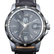 Ak-homme Classic Style Mens Black Leather Black Face Calendar Wrist Watch Ak230