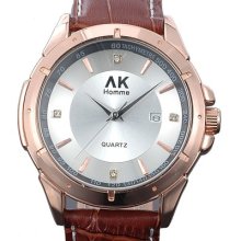 Ak-homme Mens Rose Gold Case Brown Leather Calendar Quartz Wrist Watch Ak237