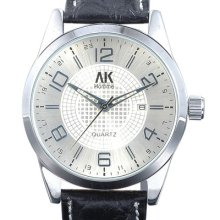 â˜… Ak-homme â˜… Mens Silver Dial Black Leather 12/24h Quartz Wrist Watch Ak235
