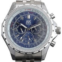 Ak-homme Pilot Military Sytle Mens Automatic Mechanical Watch Blue Dial Day Date