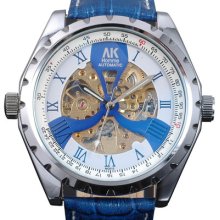 Ak-homme Silver Roman Numerals Dial Blue Band Mens Mechanical Watch