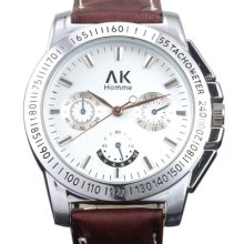 Ak-homme White Smile Dial Mens Quartz Dark Brown Leather Strap Wrist Watch