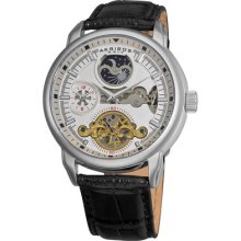 Akribos Ak541bk Mechanical Dual Time Open Heart Leather Strap Mens Watch