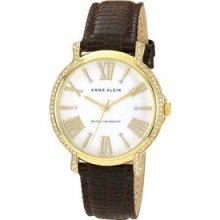 Anne Klein Swarovski Crystal Accented Gold Tone Brown Leather Strap Watch