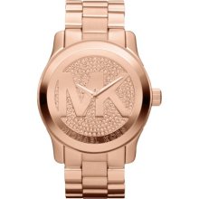 Auth Michael Kors Mk5661 Runway Oversize Rose Gold Mk Logo Crystal Watch