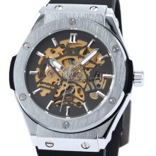 Automatic Mechanical Mens Classic Black Skeleton Rubber Band Sport Army Watch