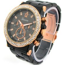 Black Rose/Gold Geneva Wide Bracelet Crystal Bezel Oversized Women's Watch Black Plastic 7.5