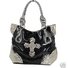 Black Western Style Purse Zebra Cross Bling Bag