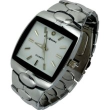 Bllack Bezel Square White Face Crystal Acent Silver Tone Link Watch Men's
