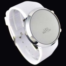 Blue LED Mirror Watch Unisex with White Watchband and Round Watch Face