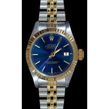 Blue stick dial fluted bezel datejust rolex women watch SS & gold jubilee - Blue - Metal