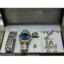 Bnib Geneva Hip Hop 'la' Blue Face Watch Set.bracelet,ring,earring& Necklace