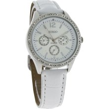 Bongo Quartz Ladies Crystal Ice 3-Sub Dial White Leather Band Watch BG6133