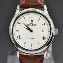 Brown Leather Watchband White Dial Quartz Stainless Steel Boy Men Wristwatch