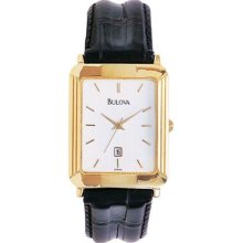 Bulova Mens Goldtone Rectangular Watch - White Patterned Dial - 97B40