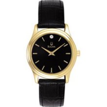 Bulova Round Gilt and Black Dial Women's Watch W/Black Leather Strap Corporate Collection Corporate Collection