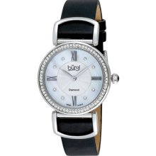 Burgi Watches Women's White Mother of Pearl with Diamond Dial Black Sa