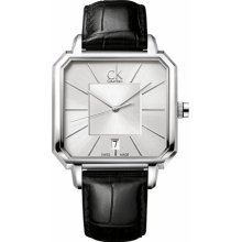 Calvin Klein Men's K1U21120 Black Leather Swiss Quartz Watch with Silver Dial