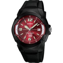 Casio Mens Calendar Date Watch w/Round Black Case, Red Dial and Black Band