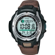 Casio Mens Calendar Day/Date Fishing Timer Watch w/Round Green Dial & Brown Band