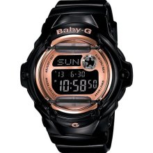 Casio Womens Baby-G Digital Resin Watch - Black Resin Strap - Rose Gold Dial - BG169G-1