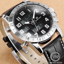 Caven Noni K3 Mens Dual Time Digital Lcd Stopwatch Date Leather Quartz Watch