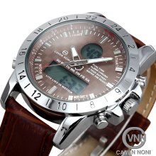 Caven Noni Mens Silver Case Military Leather Sport Date Stopwatch Quartz Watch