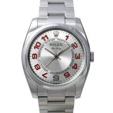 Certified Pre-Owned Rolex Air-King Watch, Domed Bezel, Silver Dial/Red Arabic 114200