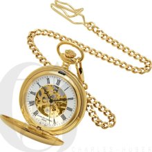Charles Hubert Classic High Polish Mechanical Movement Gold Tone Double Cover Pocket Watch 3575-G
