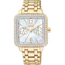 Citizen Ladies Eco-Drive Gold Tone Silhouette Mother Of Pearl Dial Swarovski Crystal Bezel Day and Date Display FD1042-57D