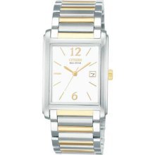 Citizen Mens Eco-drive $250 Square Two-tone Silver & Gold Dress Watch Bw0174-58a