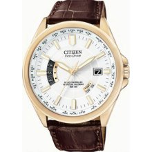 Citizen Men's Gold Tone Stainless Steel Case Eco-Drive Atomic Perpetual Calendar White Dial Brown Leather Strap CB0013-04A
