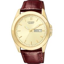 Citizen Quartz Mens Analog Stainless Watch - Brown Leather Strap - Gold Dial - BF0582-01P