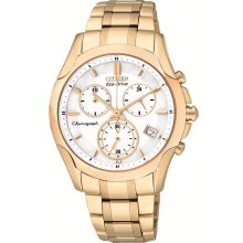 Citizen Womens Eco-Drive Sport Chronograph Stainless Watch - Gold Bracelet - White Dial - FB1153-59A