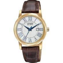 Citizen Women's Quartz Watch With White Dial Analogue Display And Brown Leather Strap Ew1562-01A