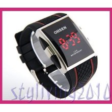 Classic Model Ohsen Black Rubber Date Red Led Men Women Lady Digital Wrist Watch