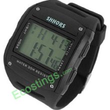 Classic Water Resistant Plastic Digital LCD Alarm Sports Watch + Light