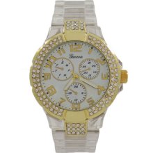 Clear Acrylic Band And Gold Bezel With Crystals Geneva Watch For Women