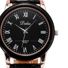 Dalas Black Dial Rose Gold Case Men Leather Roman Quartz Wrist Watch Dailyetrade