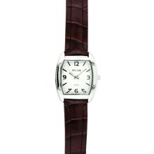 Decade Mens Watch w/Silvertone Rectangle Case, White Dial and Brown Leather Band