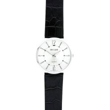 Decade Mens Watch w/Silvertone Round Case, White Dial and Black Leather Band