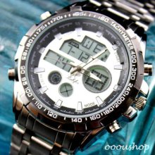 Dial Digital Quartz Hours Date Alarm Steel Sport Men Women Wrist Watch C035w