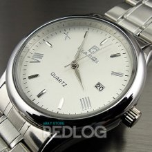 Dial Water Quartz Hours Date Silver Hand White Men Steel Wrist Watch W144